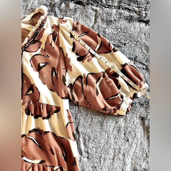Cream & Terracotta Palm Pattern Tiered Sundress Bishop Sleeves Large GUC Flawed - Picture 10 of 16